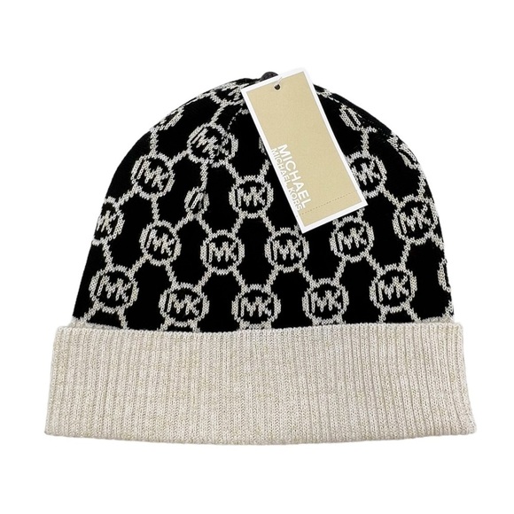 Michael Kors Hat MK Logo Black Cream & Gold Metallic Knit Winter Beanie NWT New - Picture 8 of 8